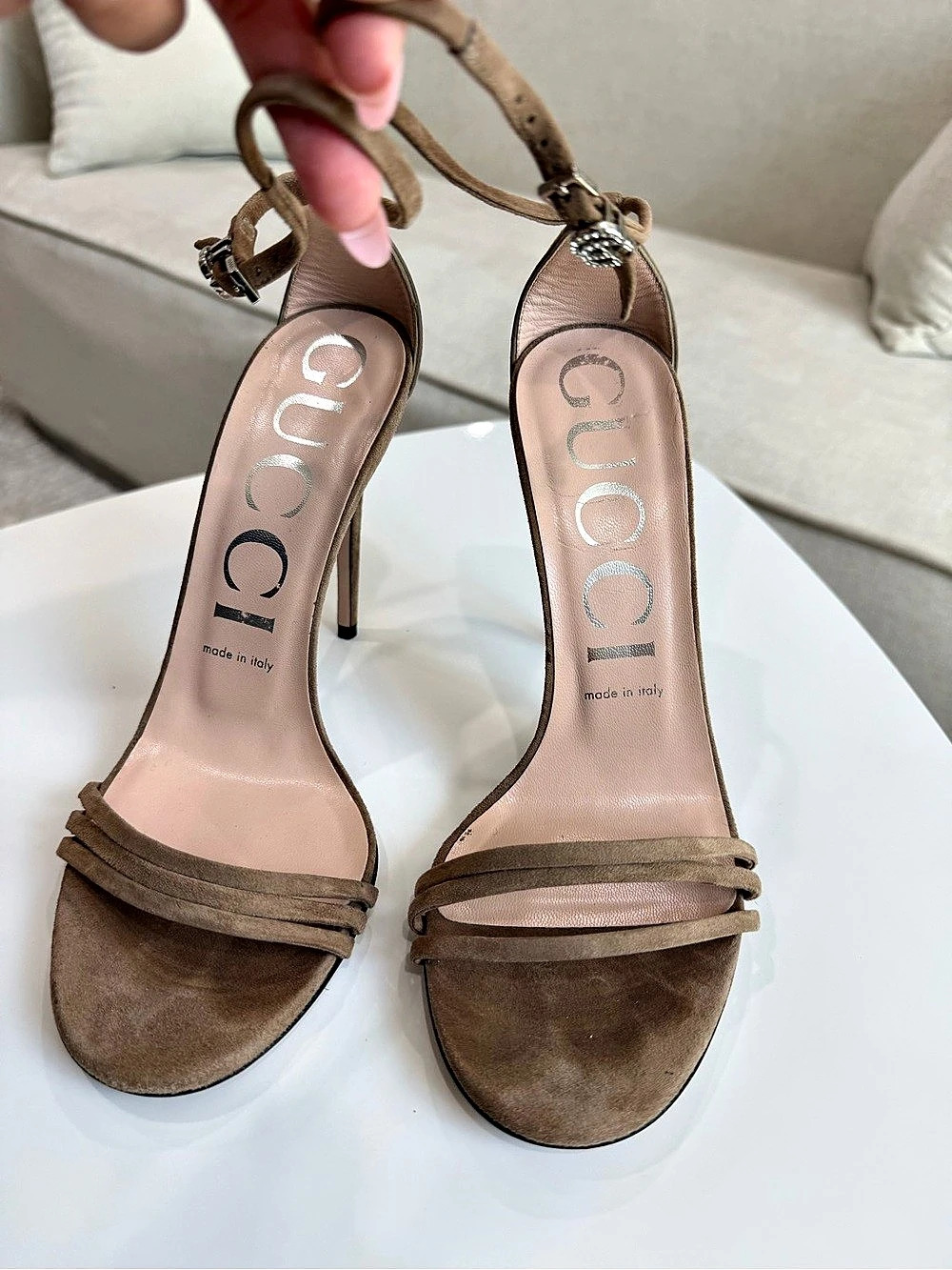 Gucci Taupe Suede Strappy Ankle Strap Stiletto Sandals EU 38